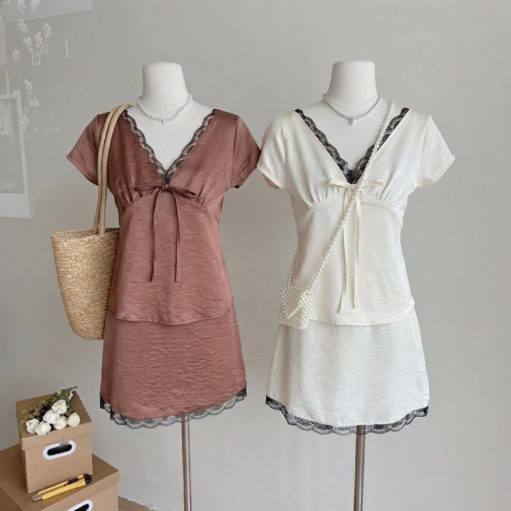 Nadia Satin Lace Top & Skirt Set
