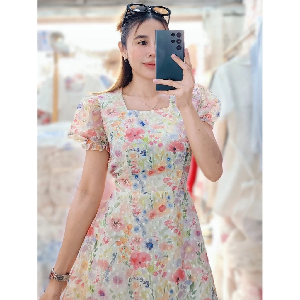 Belle Swiss Dot Dress (Sunset Bloom)